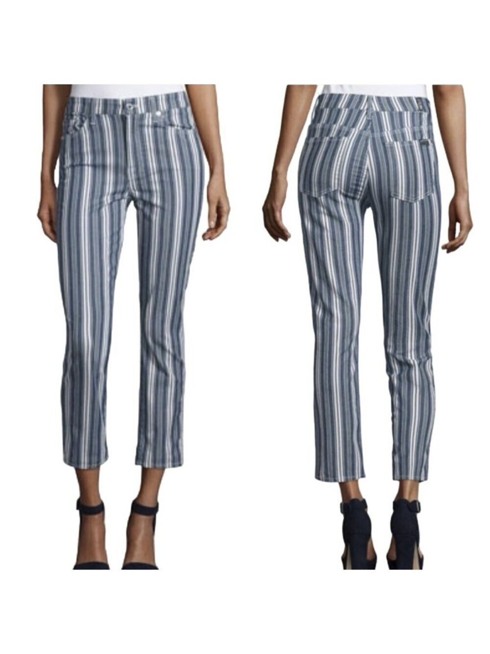 7 For All Mankind Women's Size 28 Blue White Striped Mid Rise Cropped Jeans